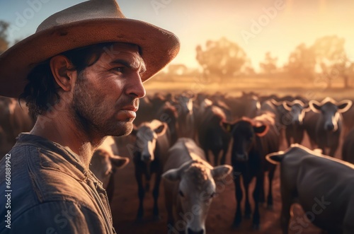 Australian man cattle. Cute face man portrait at sunset view. Generate Ai