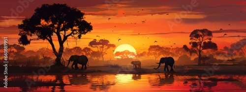 Wild savannah at sunset photo realistic illustration - Generative AI.