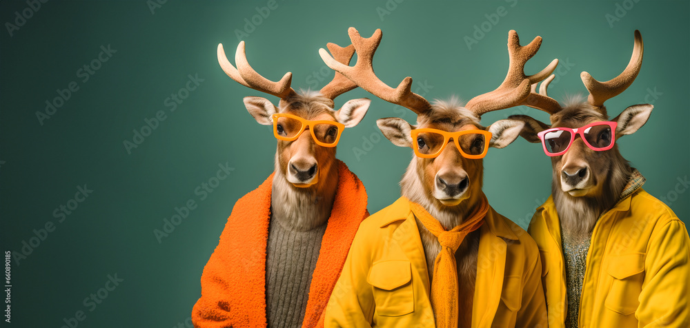 Creative animal concept. Elk in a group, vibrant bright fashionable outfits isolated on solid background advertisement, copy text space. birthday party invite invitation banner	
 - obrazy, fototapety, plakaty 