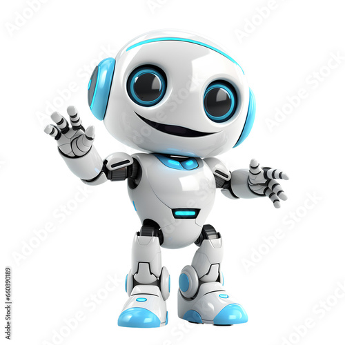 Cute white humanoid robot raising hands in greeting on PNG transparent background. Future robot technology concept. © I LOVE PNG