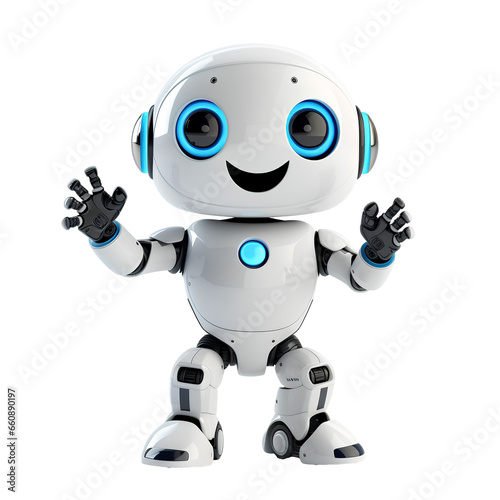 Cute white humanoid robot raising hands in greeting on PNG transparent background. Future robot technology concept.