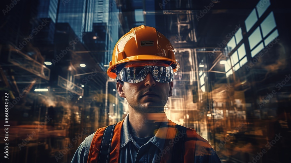 Double Exposure combines the city with the nuances of a civil engineer's portrait wearing a hard plastic helmet, evoking the inner workings of the human spirit. Double Exposure combines the city with the nuances of a civil engineer's portrait wearing a hard plastic helmet, evoking the inner workings of the human spirit.