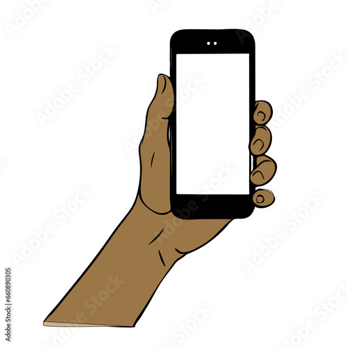 dark complexion hand holding a mobile device for mockup