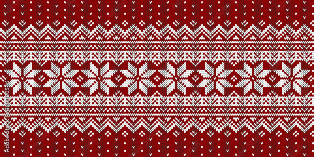 Christmas sweater knitted pattern, white ornament on red background. Vector design. Christmas sweater knitted pattern, white ornament on red background. Vector design.