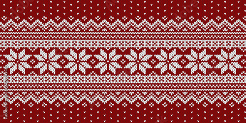 Christmas sweater knitted pattern, white ornament on red background. Vector design. 