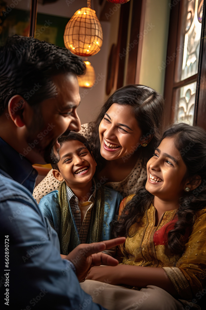 Fototapeta premium Joyful Indian Family Interaction on Living Room Couch