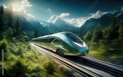 Speeding Through Nature Bullet Train in Forested Mountains.