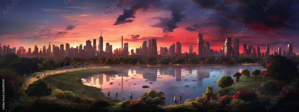 Bustling urban park at twilight photo realistic illustration - Generative AI.