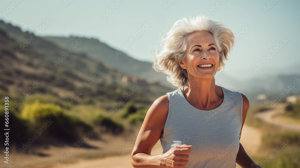 Keeping in shape at 60. Smiling middle-aged woman during a jog in the city - obrazy, fototapety, plakaty 