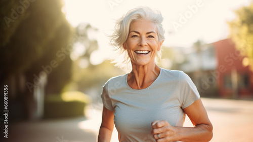 Keeping in shape at 60. Smiling middle-aged woman during a jog in the city photo