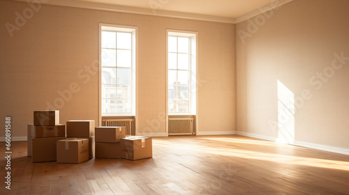 Move concept. Cardboard boxes and cleaning things for moving into a new home. Cardboard boxe background © Katrin_Primak