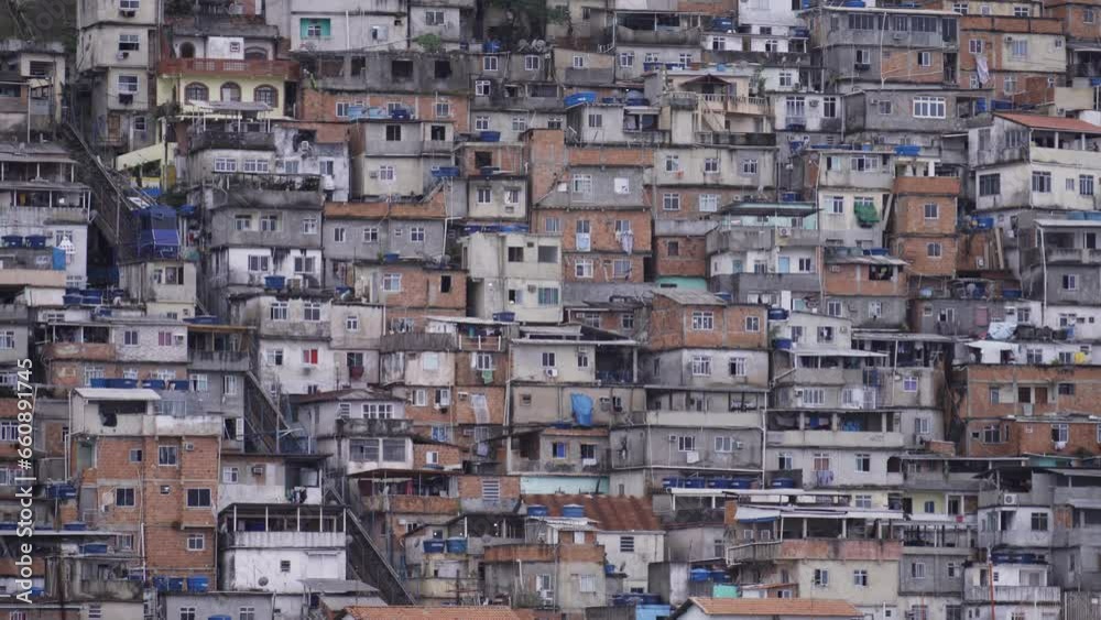 Modern Blue Funicular Ascends Through Crowded South American Slum Modern Blue Funicular Ascends Through Crowded South American Slum