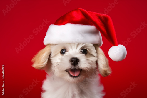 A small white and brown dog wearing a santa hat, Generative AI © Picture Paradise
