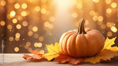 Bright background with beautiful Thanksgiving decorations. Pumpkins with maple leaves.