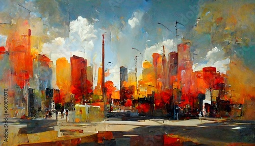 reality of a deconstructed environment cityscape summer pleinair style oil and acrylic paint warm hues 