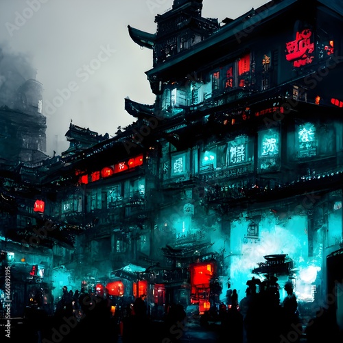 Huge city huge cyber Qing Dynasty huge traditional Chinese architecture huge cyber Yu Garden night monochromatic black and teal little red neon ink lighting steam industrial area sign entertainment 