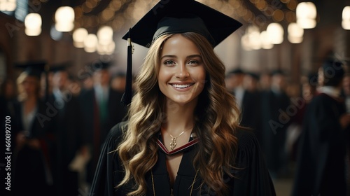 Happy cute grad girl is smiling, blurred class mates are behind. She is in a black mortar board.