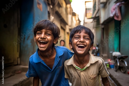 Indian children playing. Happy childhood of indian best friends. Generate ai