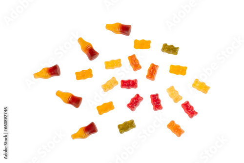 jelly bears candy and Cola flavored gummy jellies isolated on a transparent background. 