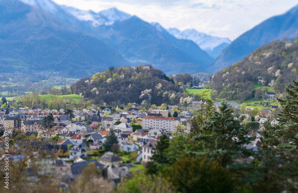 tilt shift of Argeles Gazost, french city, Pyrenees mountains
