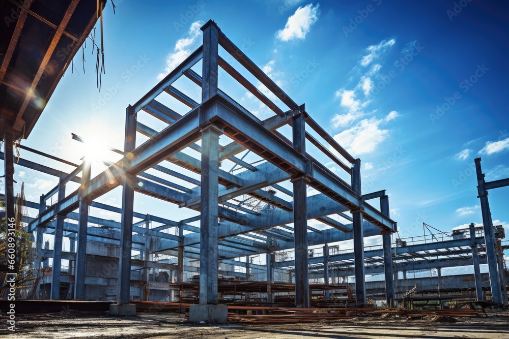 An industrial construction site under a clear blue sky where steel frames and concrete are being assembled.