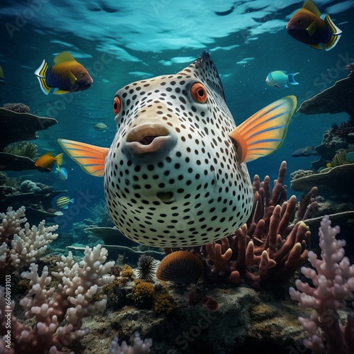 Curious clown triggerfish in a white tropical reef