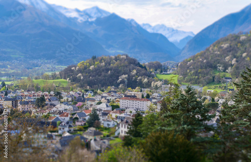 tilt shift of Argeles Gazost, french city, Pyrenees mountains © Philipimage
