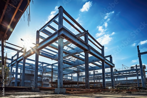An industrial construction site under a clear blue sky where steel frames and concrete are being assembled.