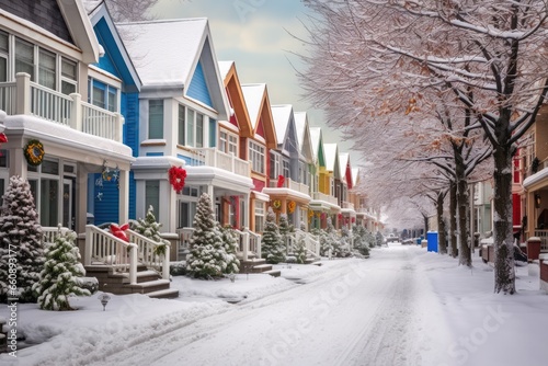 Scenic winter scene in a historic Victorian neighborhood with snow-covered colorful houses and streets under a snowy sky. © Iryna