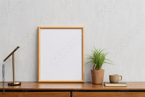 Modern white background, photo frame with interior design concept with typography, plants and vintage elements.