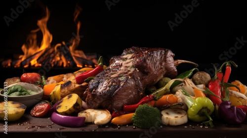 A vibrant commercial photo of a perfectly charred meat and colorful vegetables at BBQ party with fire background