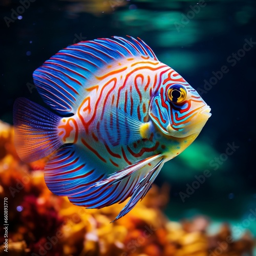 Dazzling discus fish in a white aquarium