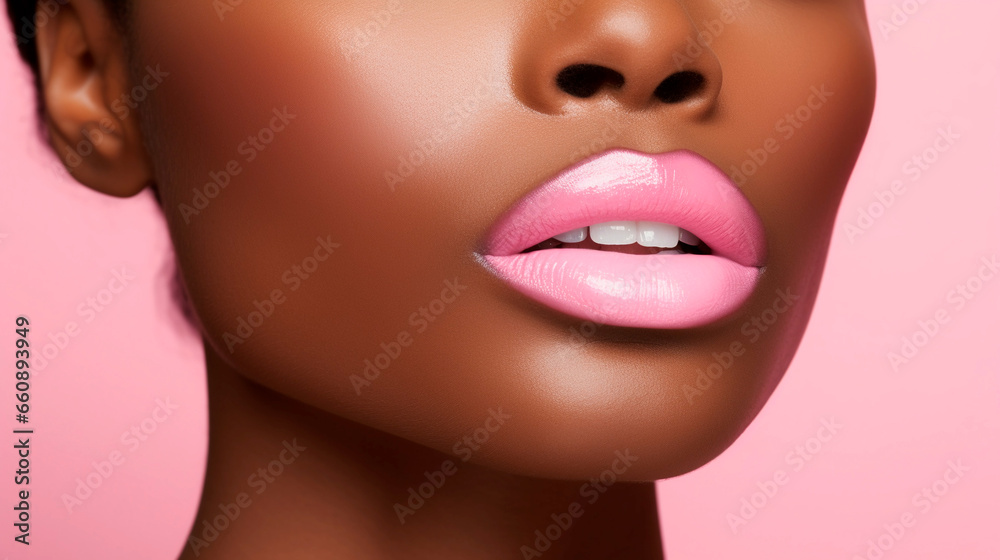 Beautiful black skin woman with pink lips, fashion make up eyeshadow, on pink background Beautiful black skin woman with pink lips, fashion make up eyeshadow, on pink background