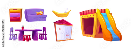 Children playroom design elements set isolated on white background. Vector cartoon illustration of wooden house with slide, table and chairs for kids, colorful drawer, nursery school play and fun area
