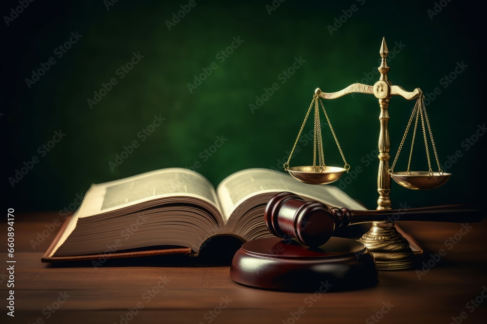 Law environment book and gavel. Court judgment with authority legal justice. Generate ai Law environment book and gavel. Court judgment with authority legal justice. Generate ai