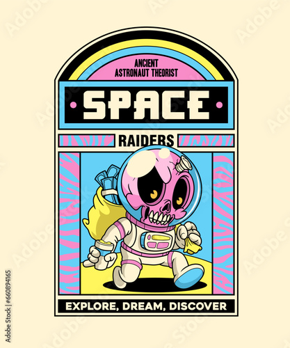 Ancient Astronaut Theorist. Spooky Horror Cartoon On Art Deco Illustration Style.