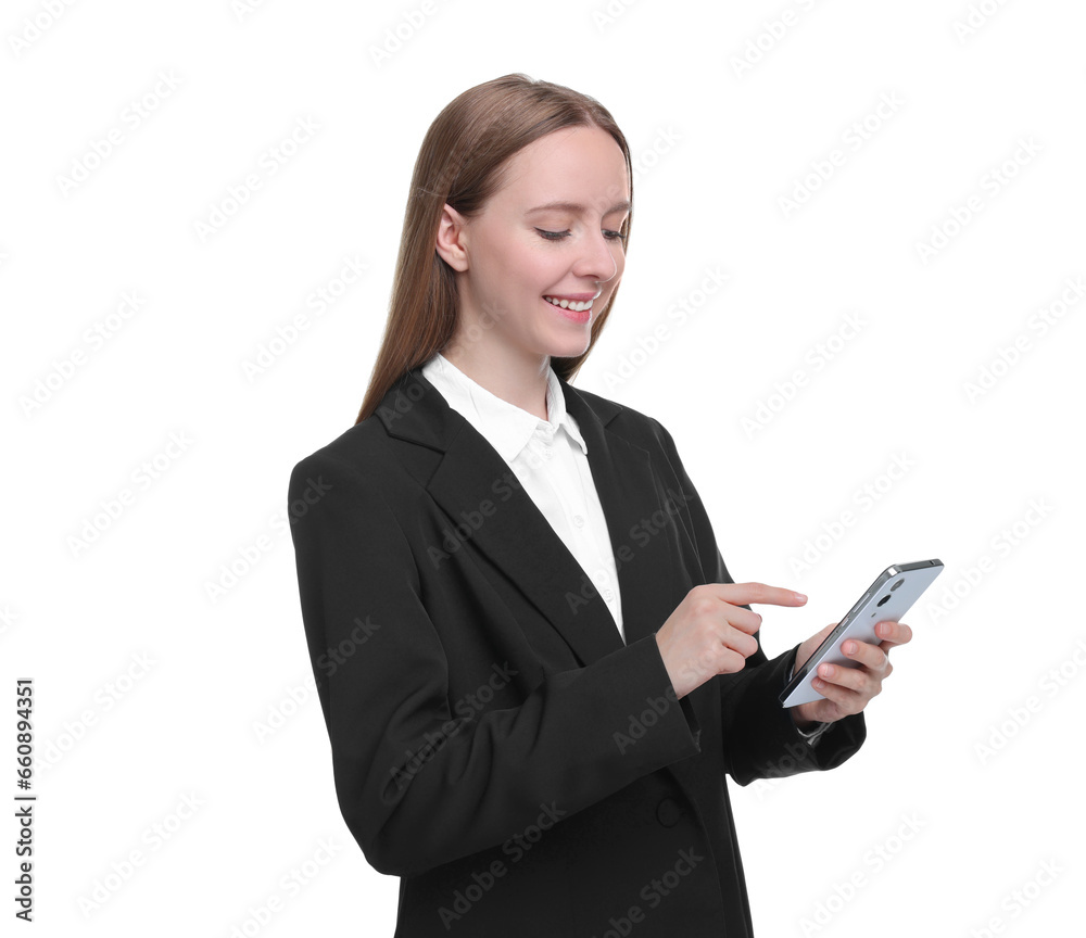 Woman sending message via smartphone isolated on white Woman sending message via smartphone isolated on white
