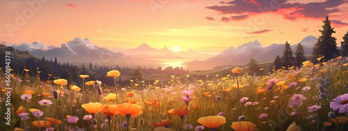Wildflower meadow at golden hour photo realistic illustration - Generative AI.