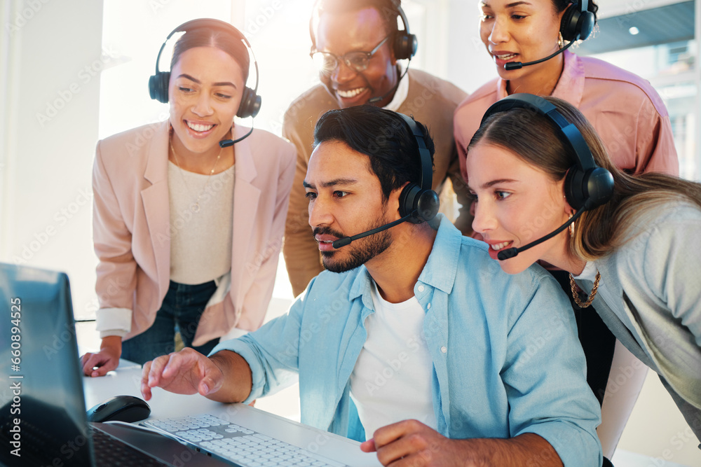 Call center, manager and reading on computer for news of sales, success and excited for online feedback. Crm, employees, and group email with surprise, results and report on laptop in office Call center, manager and reading on computer for news of sales, success and excited for online feedback. Crm, employees, and group email with surprise, results and report on laptop in office