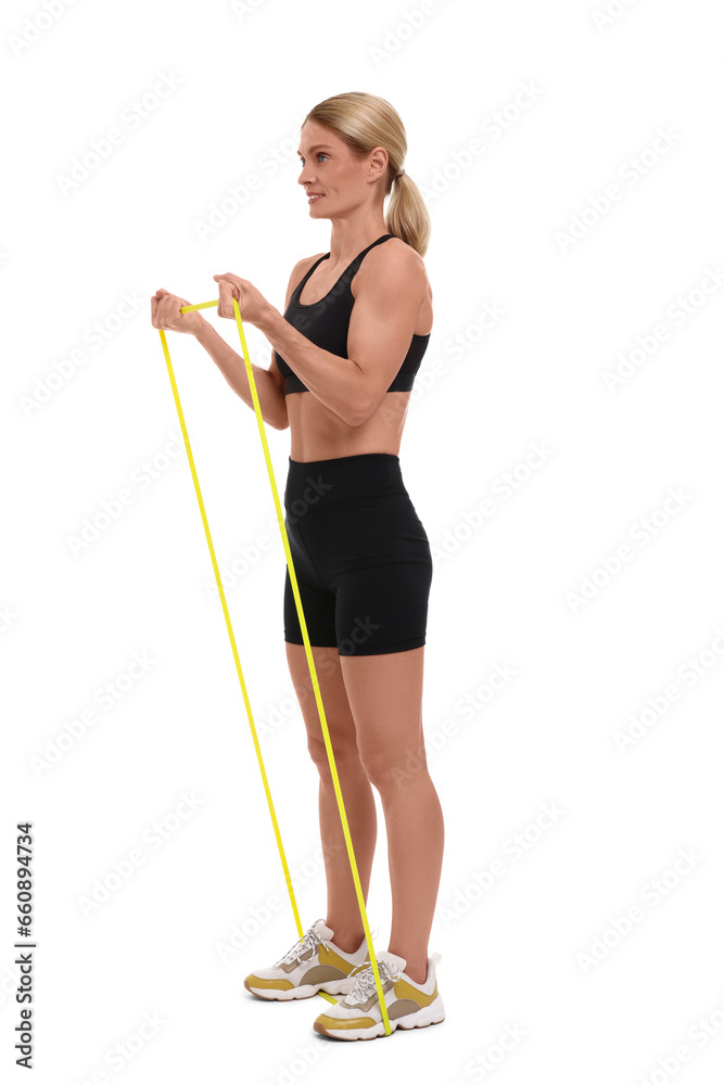 Woman exercising with elastic resistance band on white background Woman exercising with elastic resistance band on white background