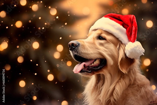  close - up of a dog pet, surrounded by the festive cheer of Christmas blurred in the background 