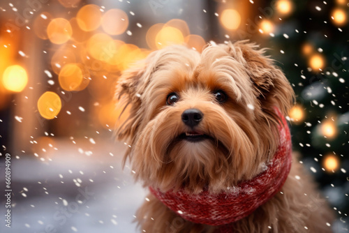  close - up of a dog pet, surrounded by the festive cheer of Christmas blurred in the background 