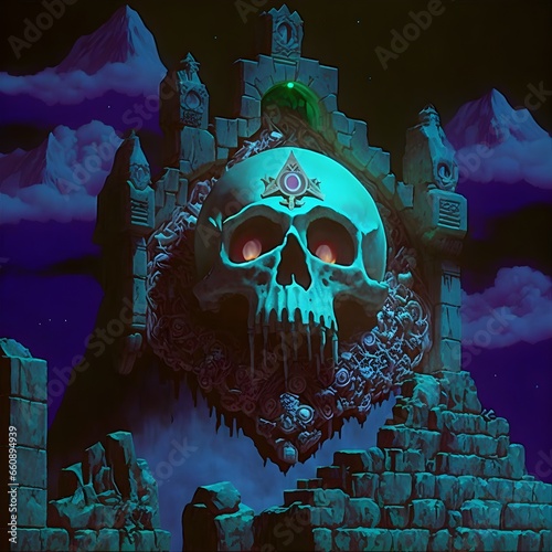 stillframe from Legend of Zelda as liveaction film castle shapedlikeskull on cliff with moon Darkfantasy 1987 Magic glitter sequins neon lights  photo