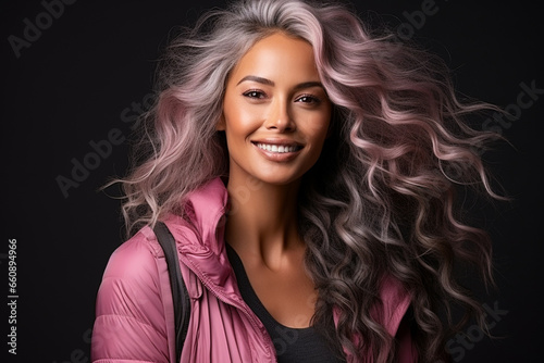 Attractive Mixed-Race Woman with Afro-Latino Features Looks at the Camera in a Beauty Photo with Gray Hair photo