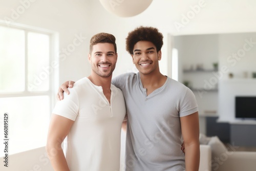 Male couple flat. Homosexual gay partners couple in apartment. Generate ai