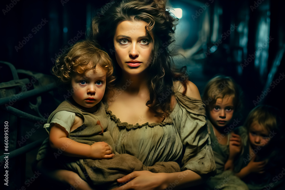 Portrait of beautiful young woman with children a sense of dread in a bomb shelter.