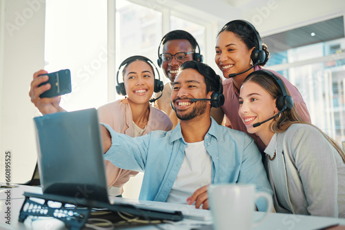 Call center, employee or selfie at office or happy fun, consultant or bonding together. Diversity colleagues, support service or smile for collaboration telemarketing, workplace joy or team building