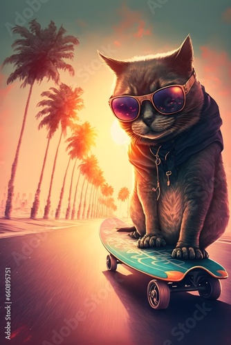 cat skateboarding wearing sunglasses 4 feet on the skateboard only 4 wheels palm trees and sea background sunset 