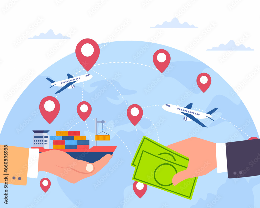international import export business market and company partnership with money and goods exchange vector illustration