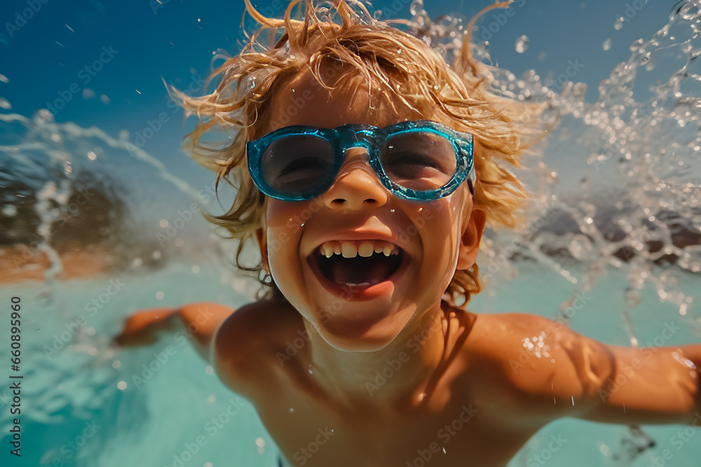 Portrait of kid girl in sunglasses splashing around in an outdoor pool.